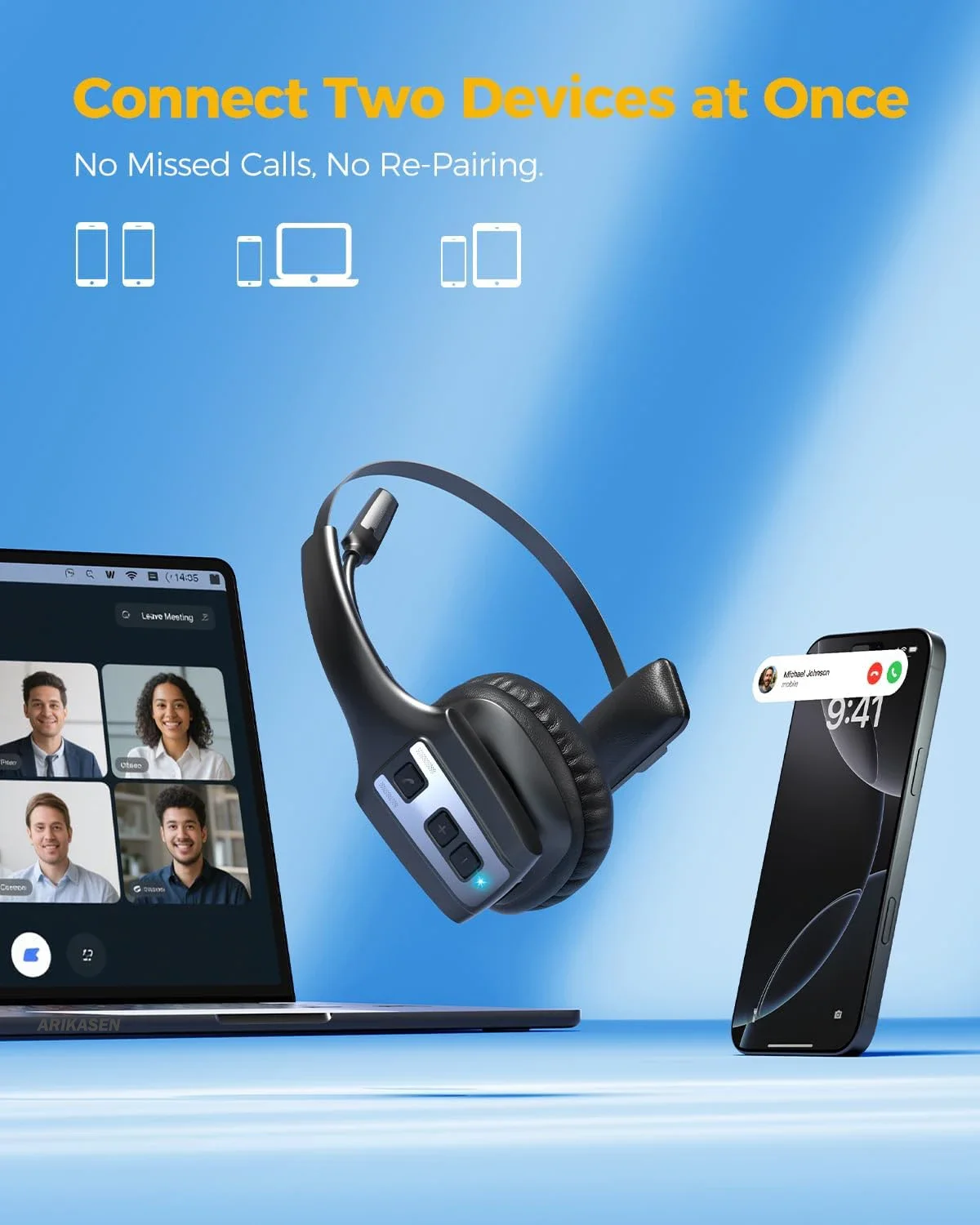 سماعة رأس بخاصية البلوتوث لسائقي الشاحنات، سماعات رأس لاسلكية مع ميكروفون لإلغاء الضوضاء لاجتماعات العمل والمكالمات والكمبيوتر المحمول والهاتف