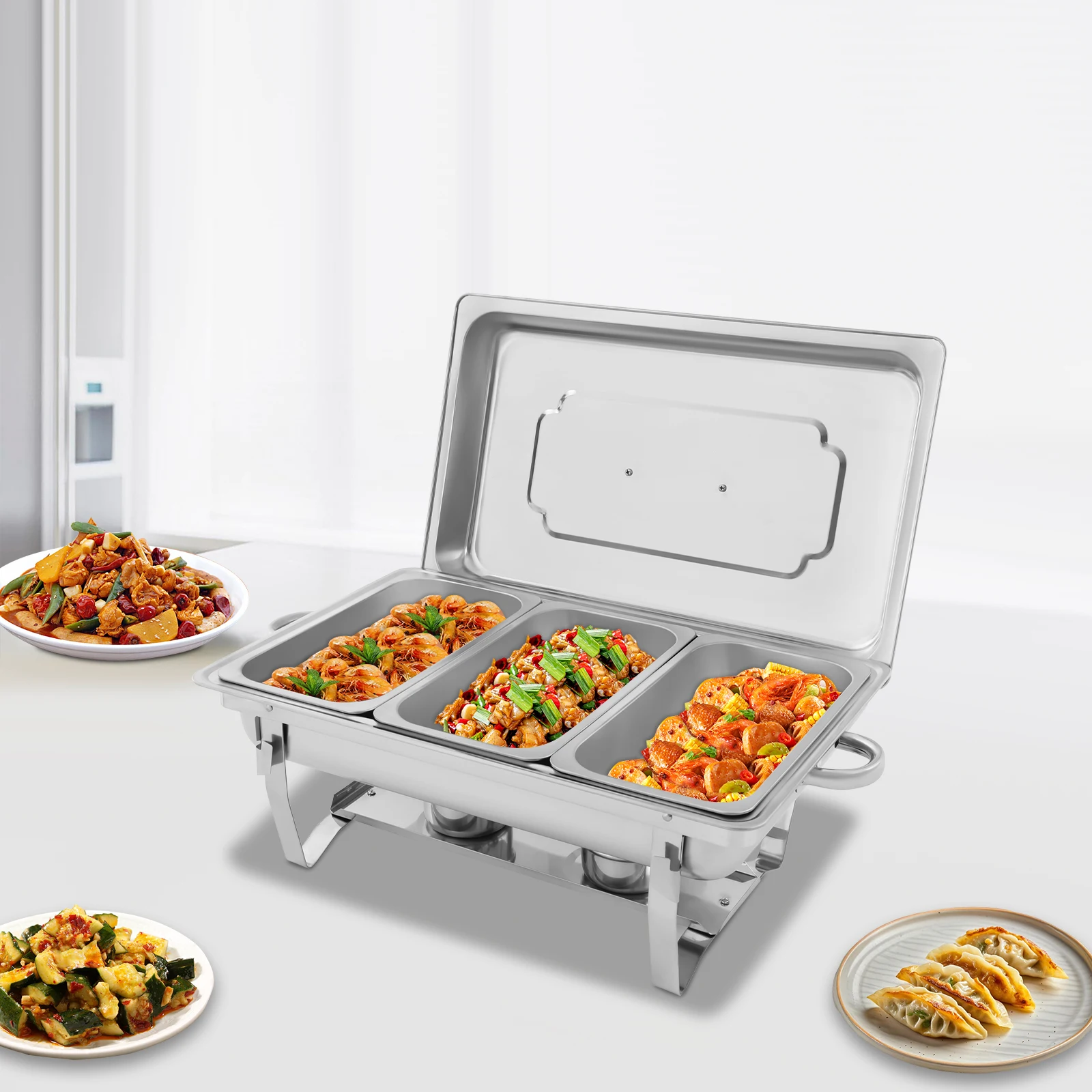 Chafing Dish Buffet Set, 3 Compartment Stainless Steel Food Warmer with Foldable Frame, for Parties Catering Events