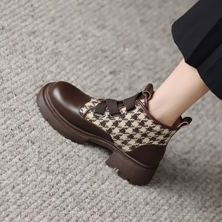 2024 Autumn and Winter New Thick Soles Match Color Women's Boots British Style Low Cylinder Round Head Lace-up Short Boots Women