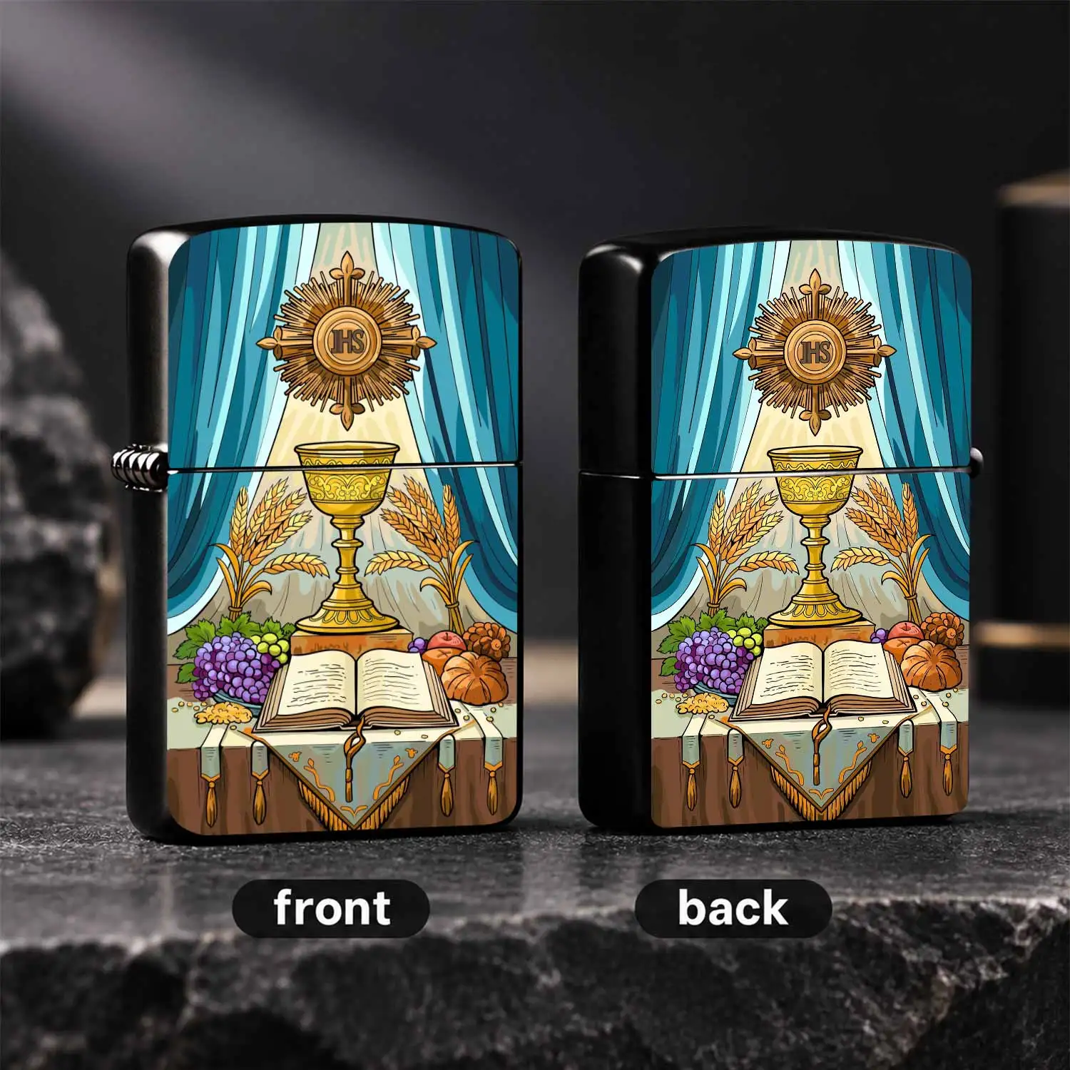 Christian Communion Themed Lighter, Exquisite Printed Chalice Monstrance Wheat Grape Bread Open Bible Pattern, Durable PORTABLE Accessory for Religious Believers, Ideal Gift for First Holy Communion Church Festivals Religious Ceremonies D