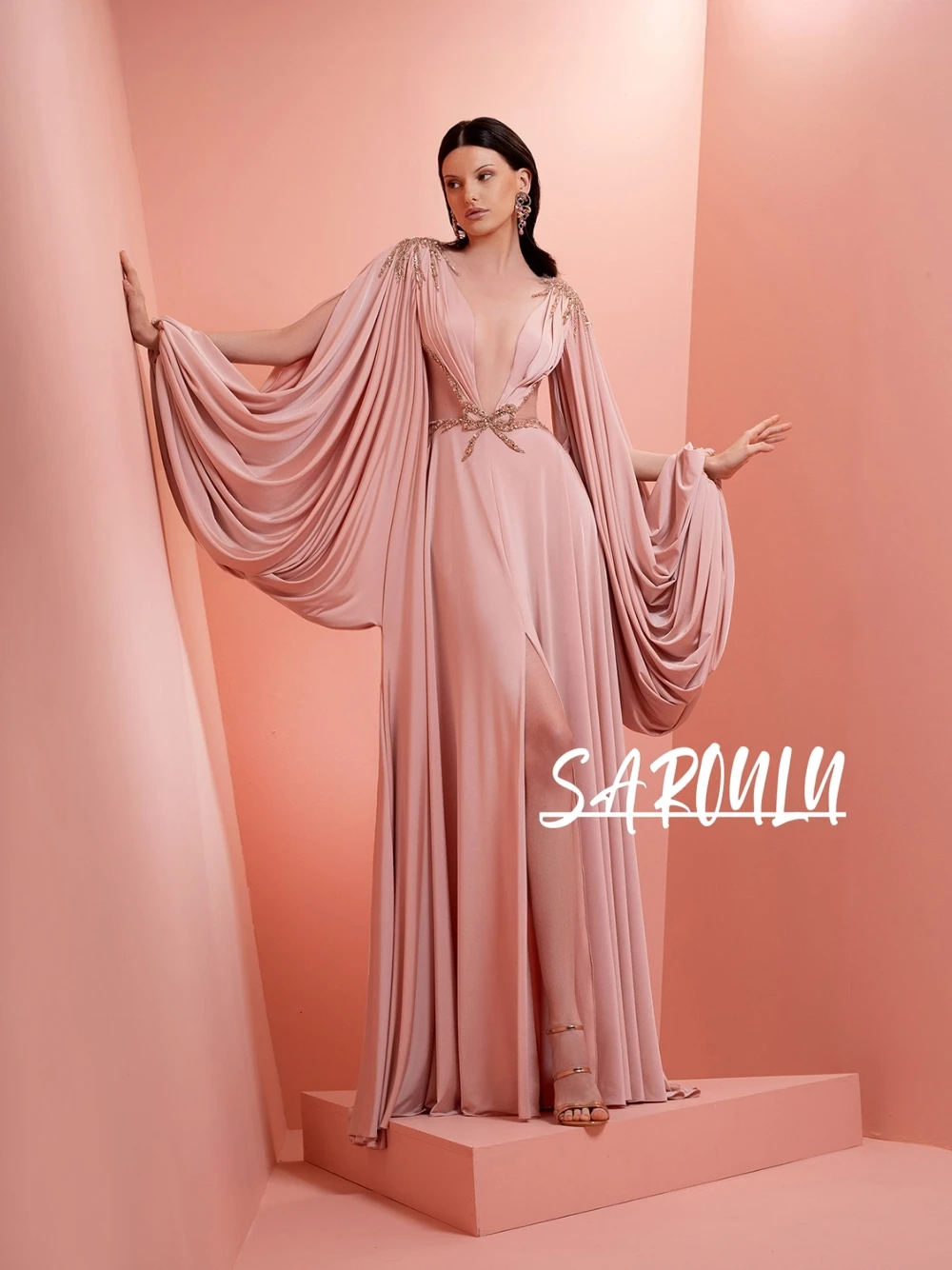 

Blush Pink Satin Maxi Evening Dress Sexy Deep V Neck Elegant Flowing Bat-wing Sleeves Sparkling Waist Embellishments Prom Gown
