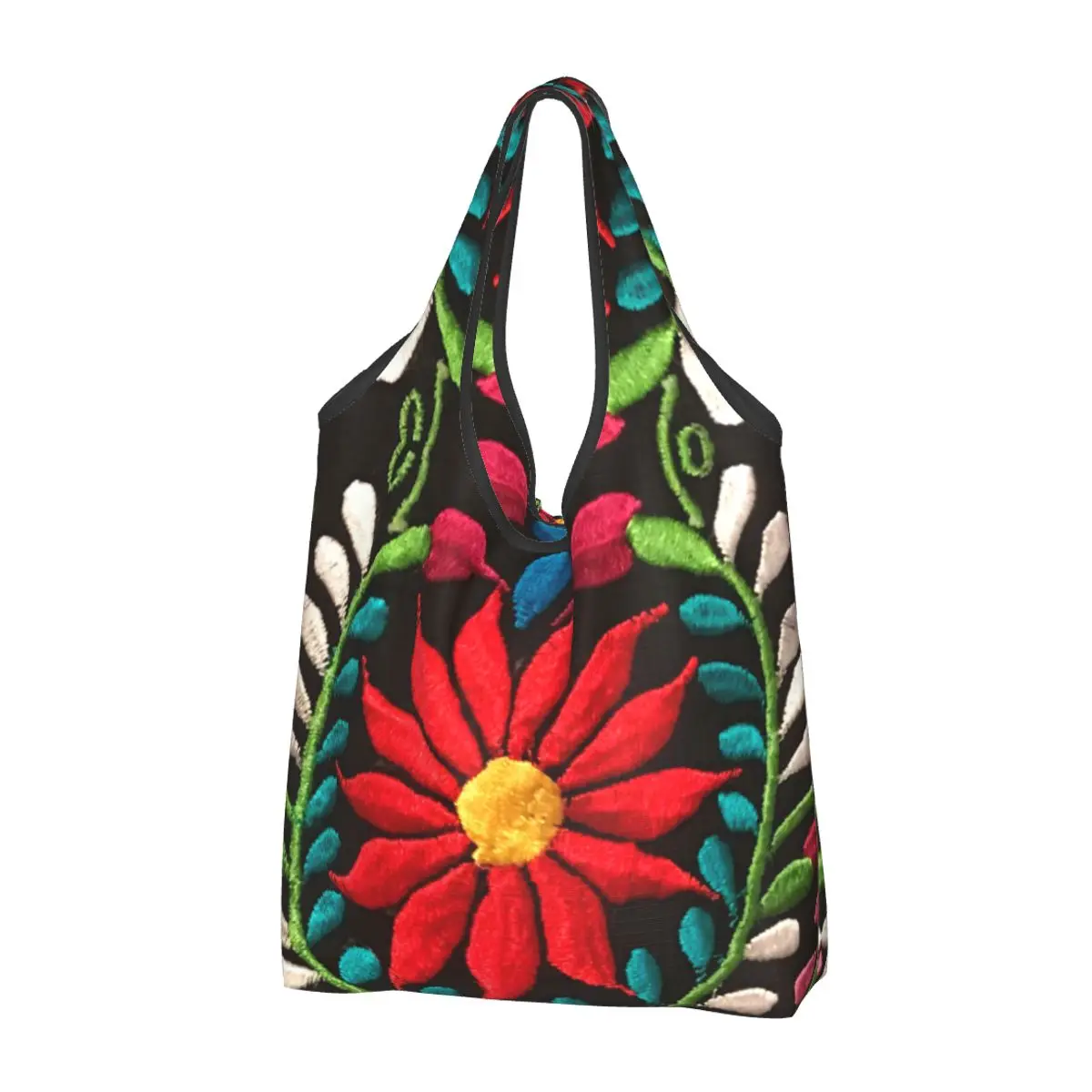 Mexican Spanish Flowers Grocery Tote Shopping Bag Women Fashion Traditional Textile Flowers Shopper Shoulder Bag Handbag