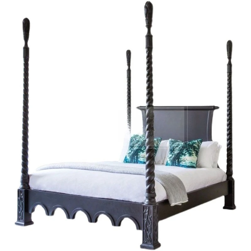 Solid wood bed, wabi-sabi art carving line four-poster double bed, simple wedding bed, master bedroom furniture