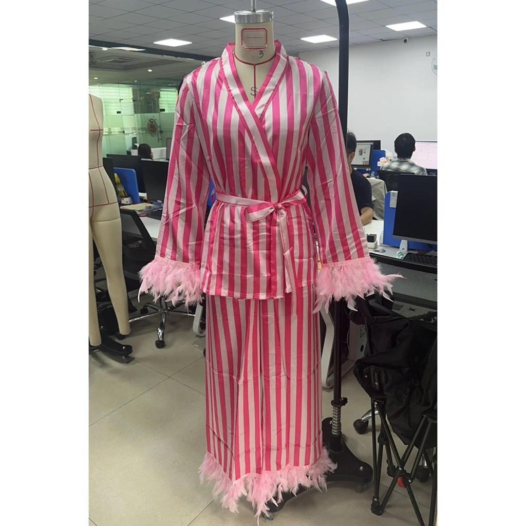 

Женский полосатый пижамный комплект с отделкой из перьев, топы с длинными рукавами и v-образным вырезом, поясом и брюками, повседневная одежда для сна