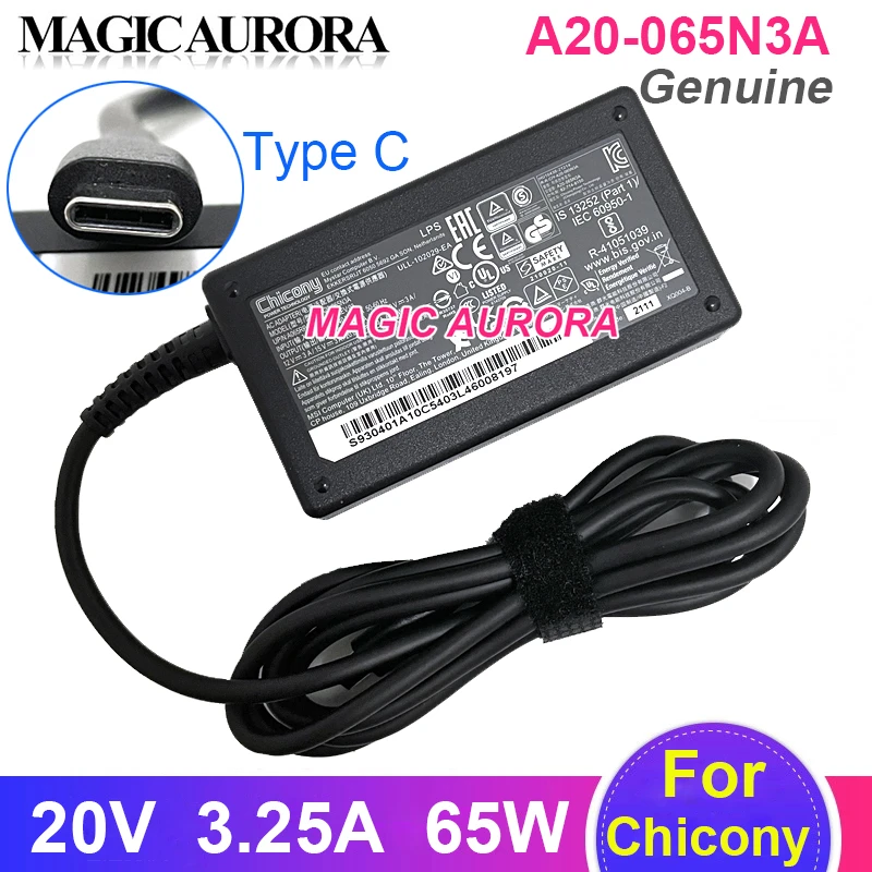 Original A20065n3a 65w tipo c Carregador 20v 3.25a Adaptador para Chicony Portátil Fonte de Alimentação