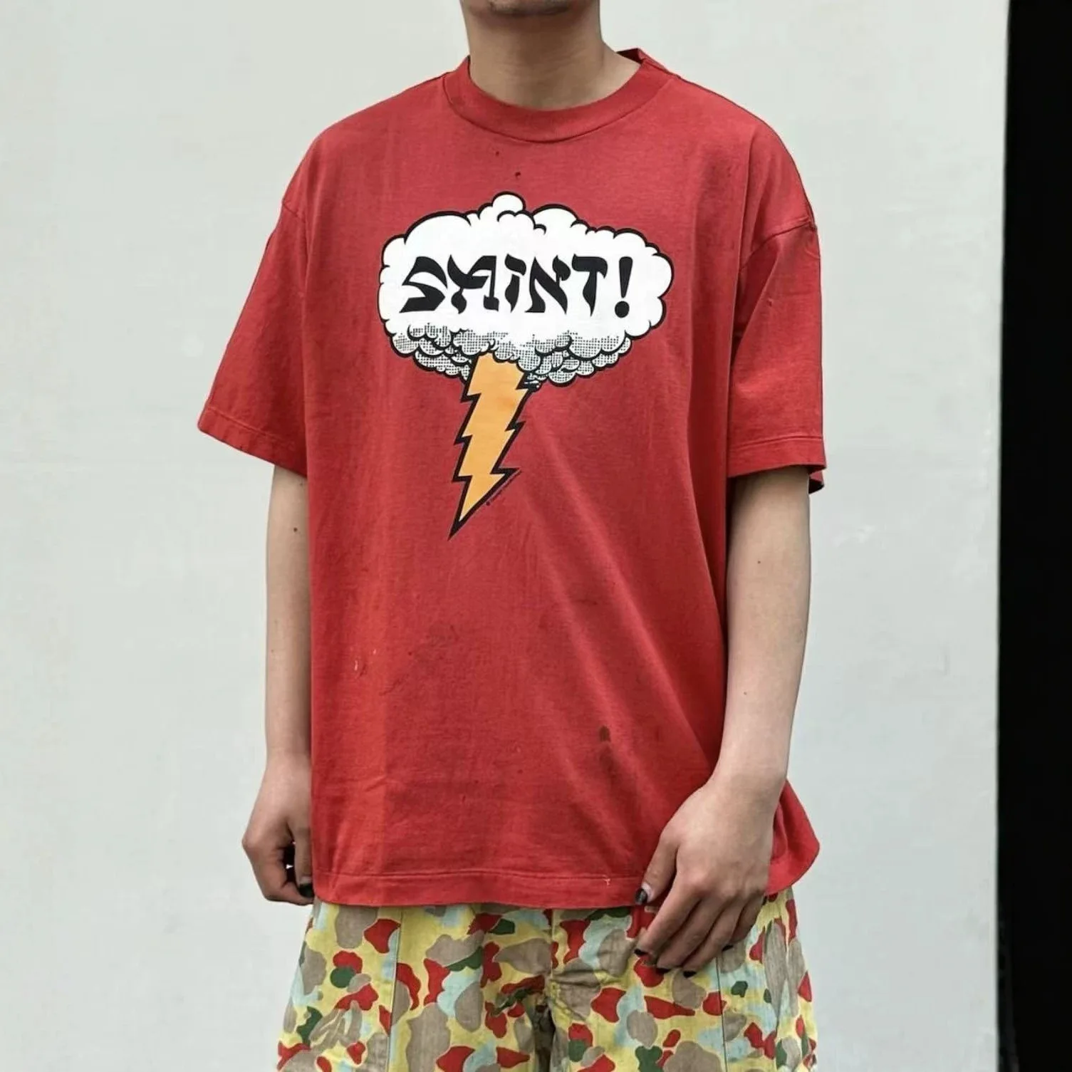 Washed American Retro Lightning Cloud Letter Print round Neck Short Sleeve T-Shirt Loose Fit Combed Cotton Casual Top