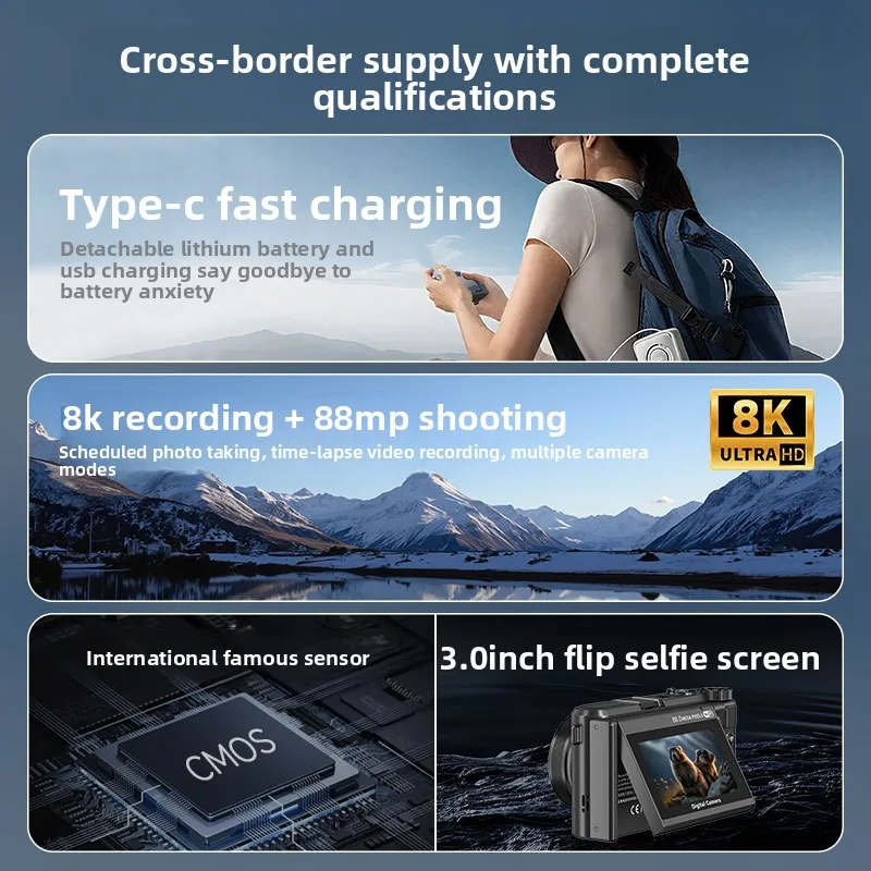 Micro câmera de movimento único 88 megapixels selfie 8k câmera digital de vídeo fotografia profissional go pro câmera de ação consola