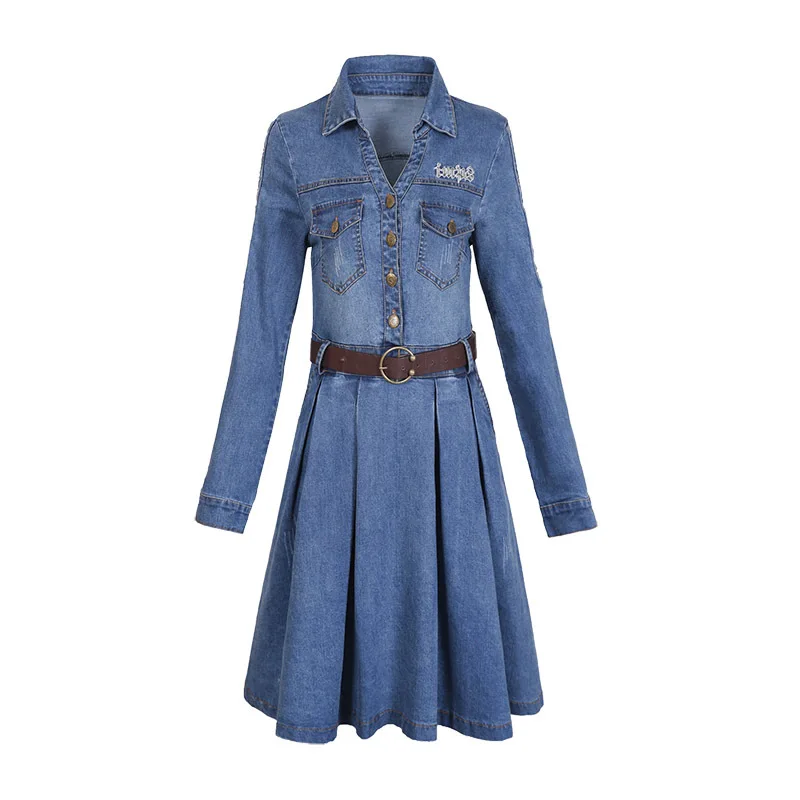 Blue Women Jeans Dress Women2023 Fashion Casual High Street Long Sleeve Denim A-Line Pleated Dress With Belt Elegant Vestidos