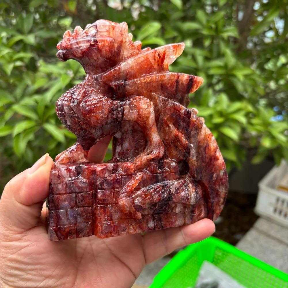 Natural Red Fire Quartz Hematoid Dragon Carving Energy Healing Polished Mineral Ornaments Home Decoration 1PCS