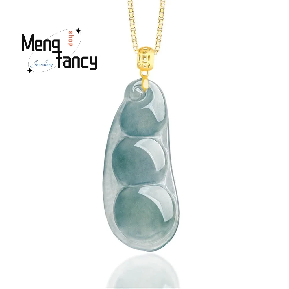 

High-grade Natural A-goods Jadeite Blue Water Blessed Beans 18K Gold Buckle Inlaid Icy Jade Pendant Exquisite Fashion Jewelry