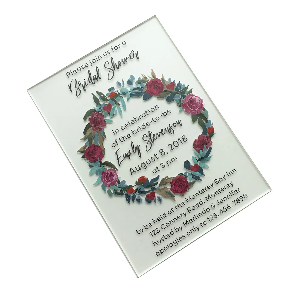 

100pieces Per Lot Customized Rustic Floral Watercolor Style 5x7inch Frosted Acrylic Wedding Bridal Shower Invitation Card