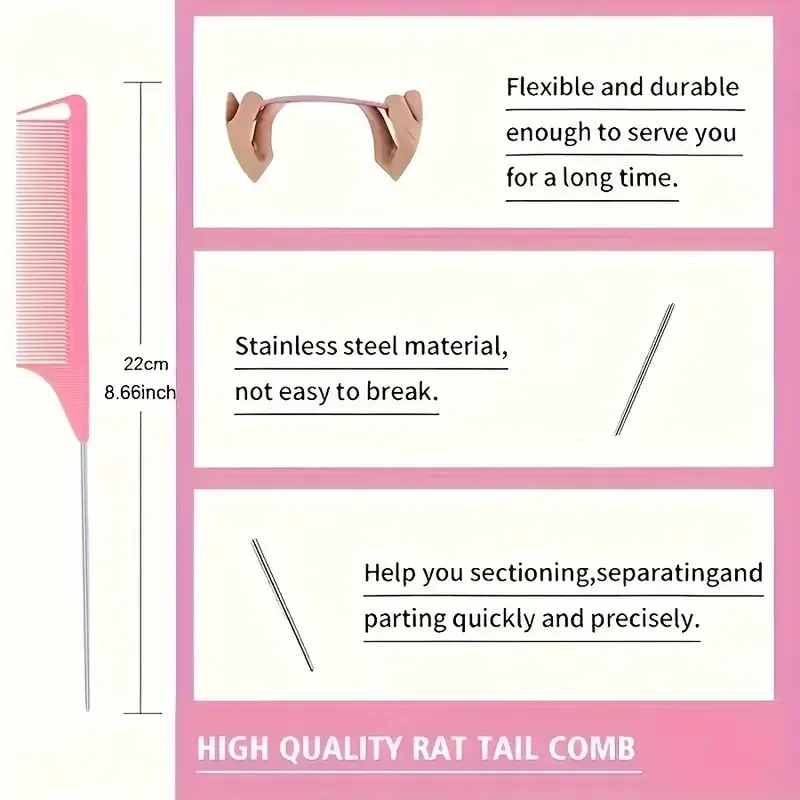 Wide Tooth & Rat Tail Hair Combs Set, 4PCS