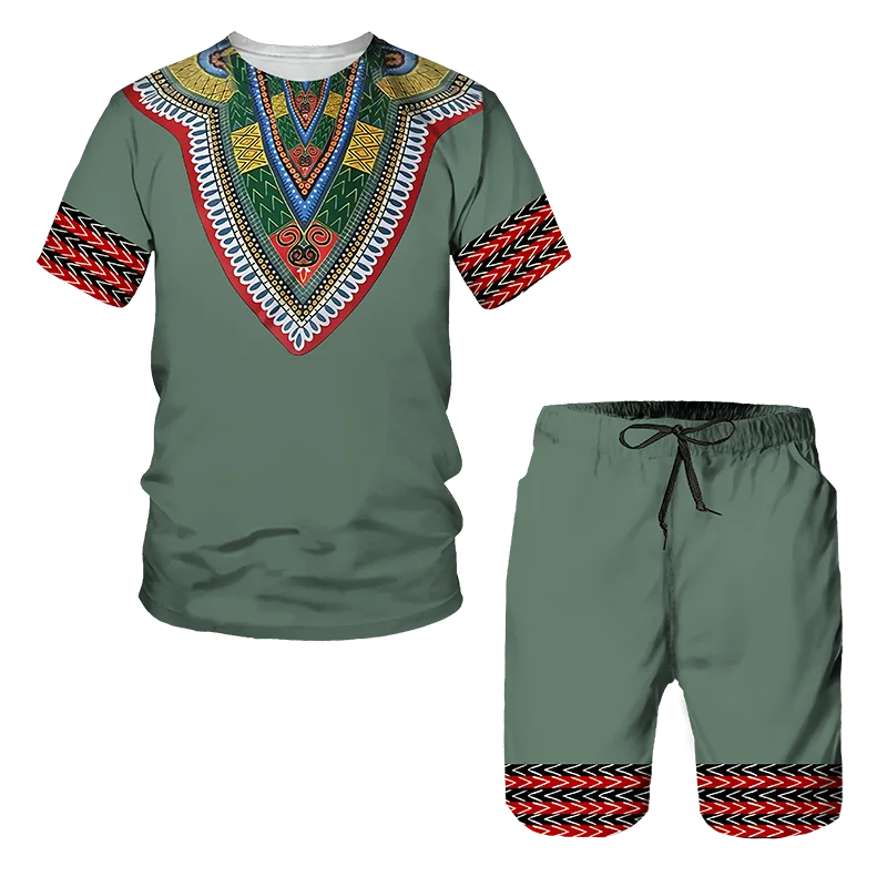 African Style Totem Print Men\'s Round Neck Tracksuit Sets Summer T-Shirt Shorts 2pcs Set Oversized Pullover Fashion Men Clothing