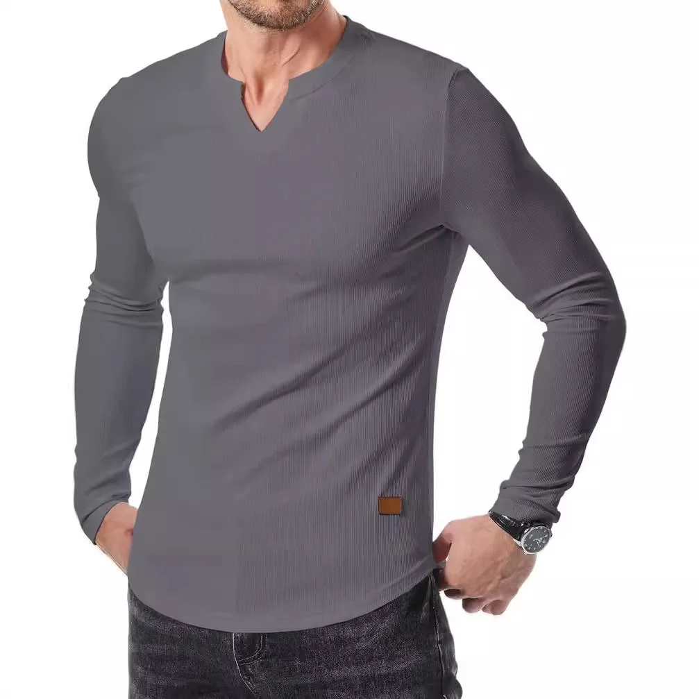 Men's V-Neck Pit T-Shirt Casual Fashion Long Sleeve Ultra Slim Fit Youthful Style Henry Collar Nine Points Sleeve Length