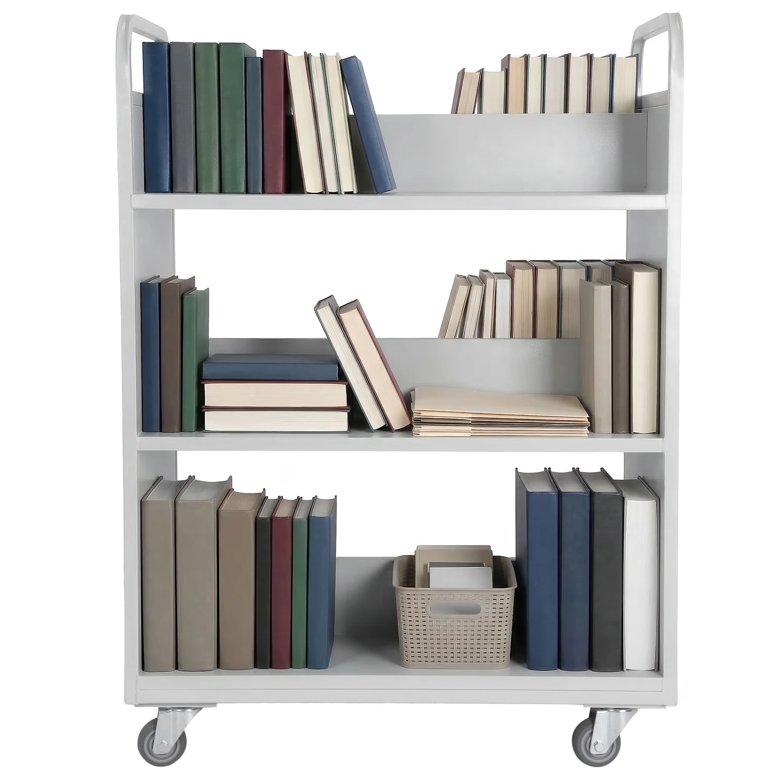 

Rolling Book Cart Slanted Single Sided Metal Utility Cart with Swivel Lockable Casters for Library Office Archive Room
