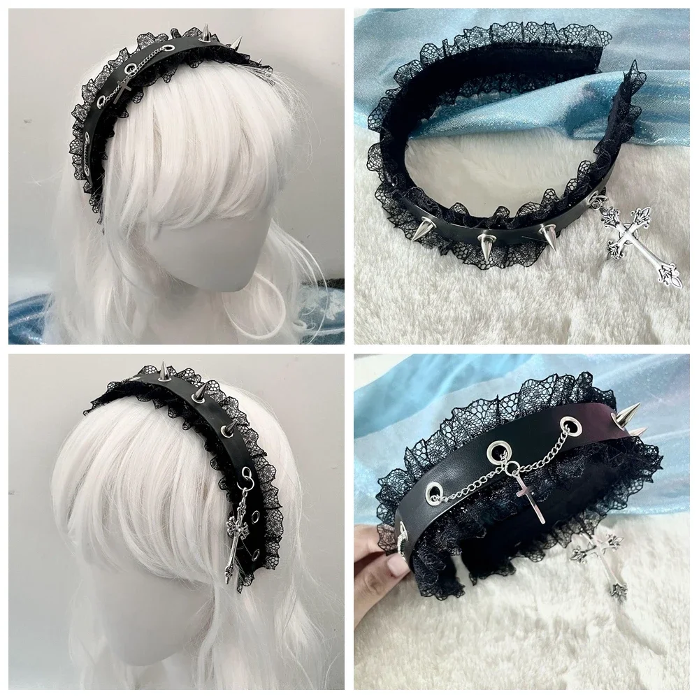 Y2K Women Girls Punk Lace Rivet Gothic Cross Chain Headband Hair Bands Headdress Lolita Cosplay Hair Hoop Hair Accessories