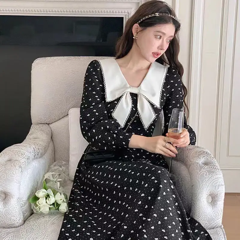 Knee-length Dress Women Vintage French Style A-line Simple Printed Designed Sweet Gentle Girls Elegant OL Streetwear New Spring