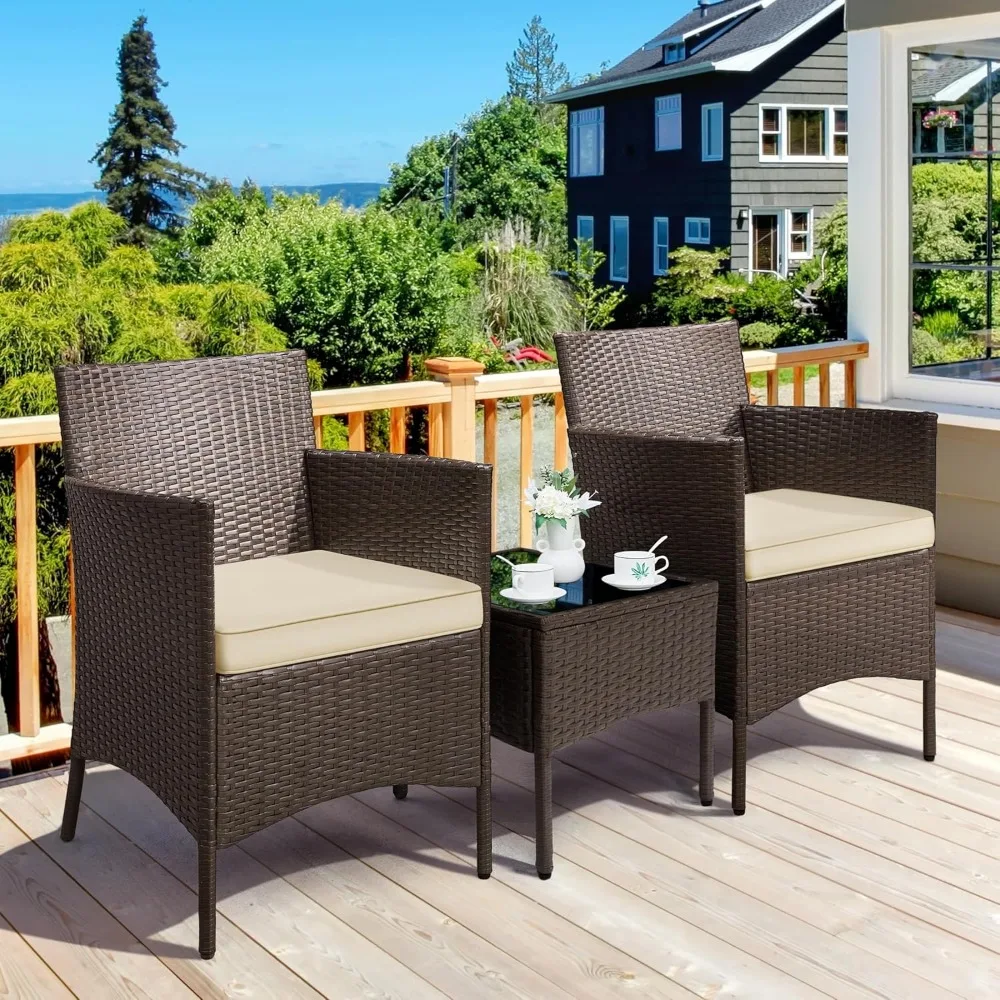 3 Pieces Patio Porch Furniture Set, Outdoor PE Rattan Wicker Conversation Set with Soft Cushions, Glass Coffee Table