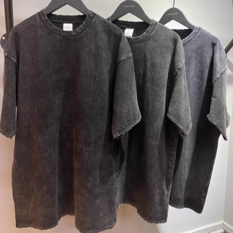 Style américain rétro lourd couleur unie à manches courtes T-shirt hommes femmes été rue à la mode lavé vieux vêtements surdimensionnés