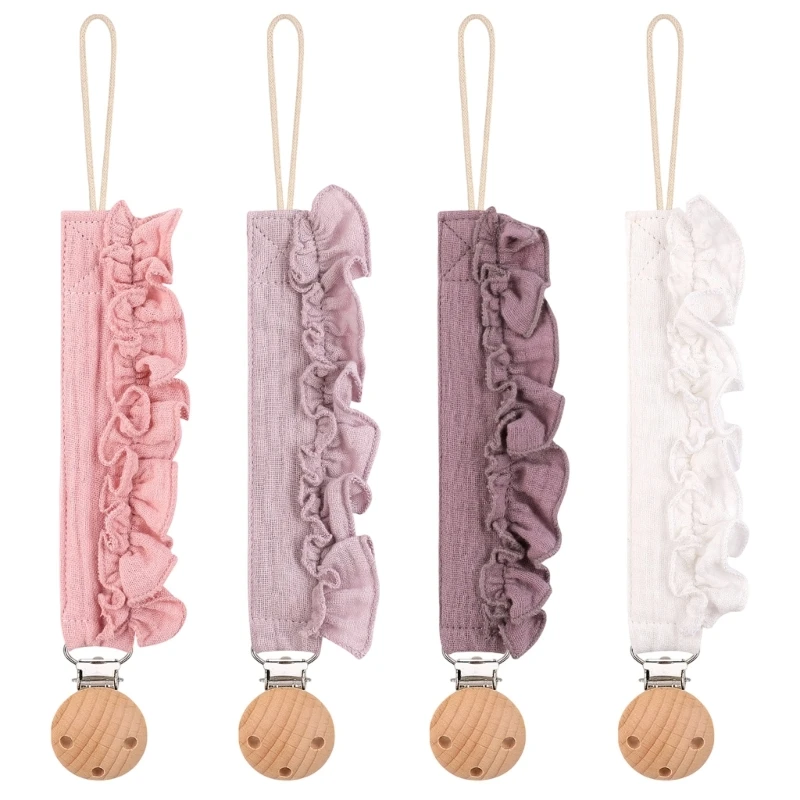 

4 Piece Nursing Pacifier Chain For Infants Breathable Fabric Secure Fastener Ornamental Lace Pattern Clip Rope