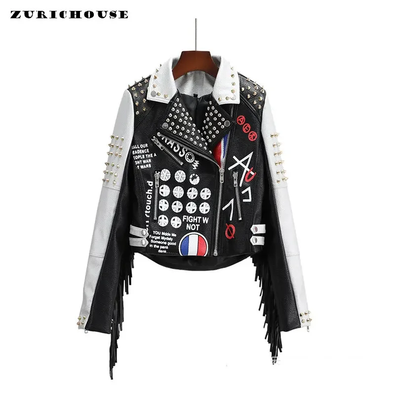 Contrast Graffiti Print Fringed Leather Jacket Women 2024 New Streetwear Slim-fit Zipper Cropped Punk Studded Motorcycle Jacket