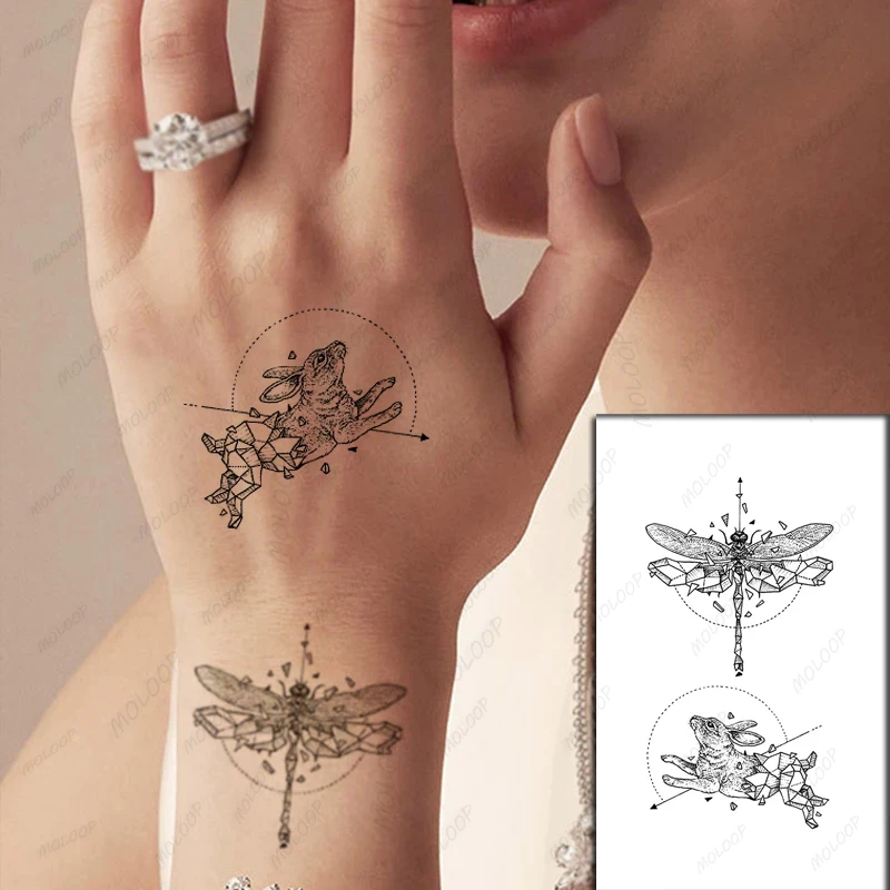 Temporary Tattoo Sticker Dragonfly Bunny Rose Wolf Geometry Totem Waterproof  Body Art Fake Tattoos Flash Tatoos for Men Women