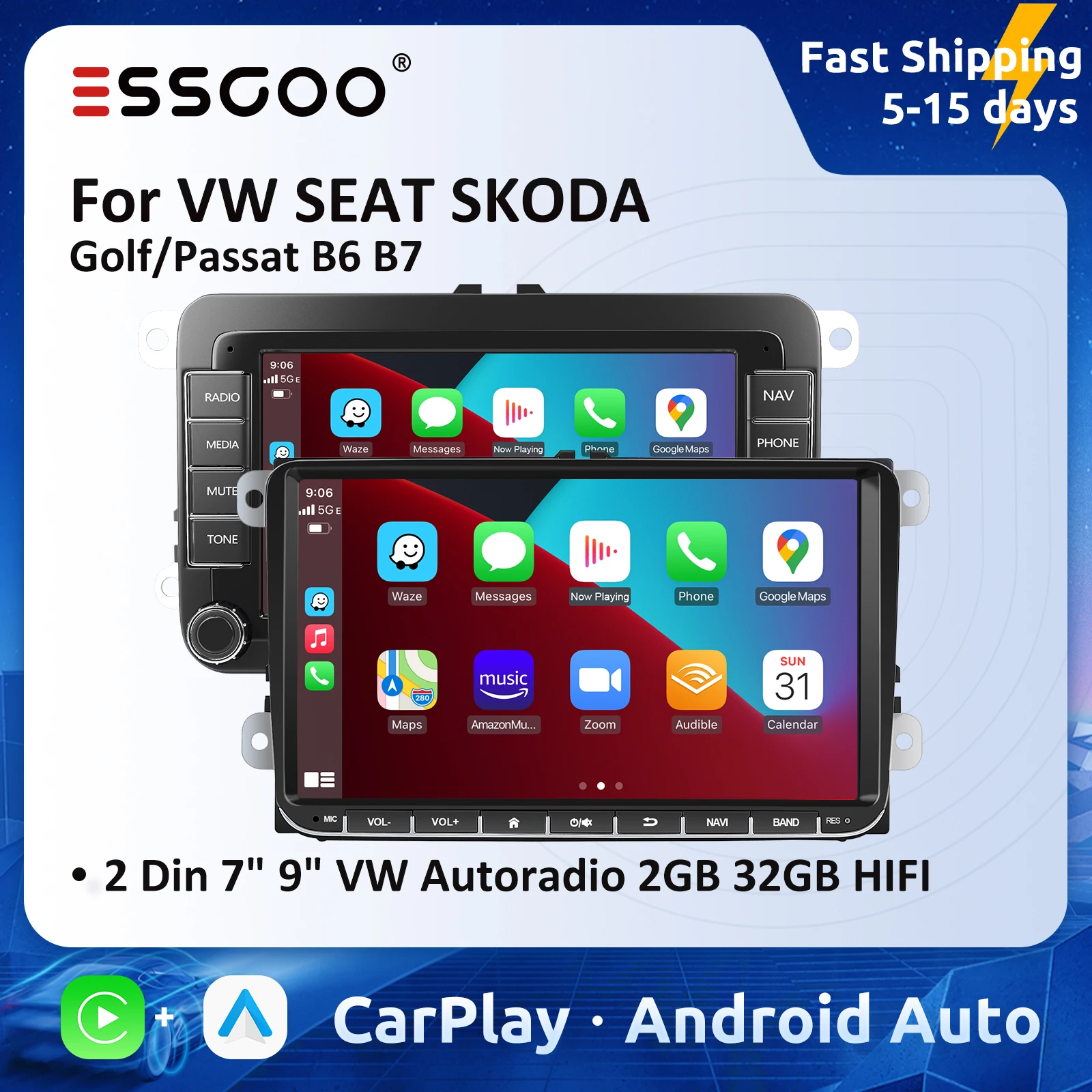 

ESSGOO 7" 9" Wireless Carplay Android Auto Radio for Volkswagen VW Passat B6 B7 GOLF T5 2G HIFI Car Multimedia 2 Din Autoradio