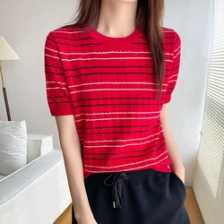 Women's New Summer T-shirt 100% Cotton Sweater Short Sleeve Casual Stripe Knitted O-Neck Pullover Loose Soft Baida Top T-shirt
