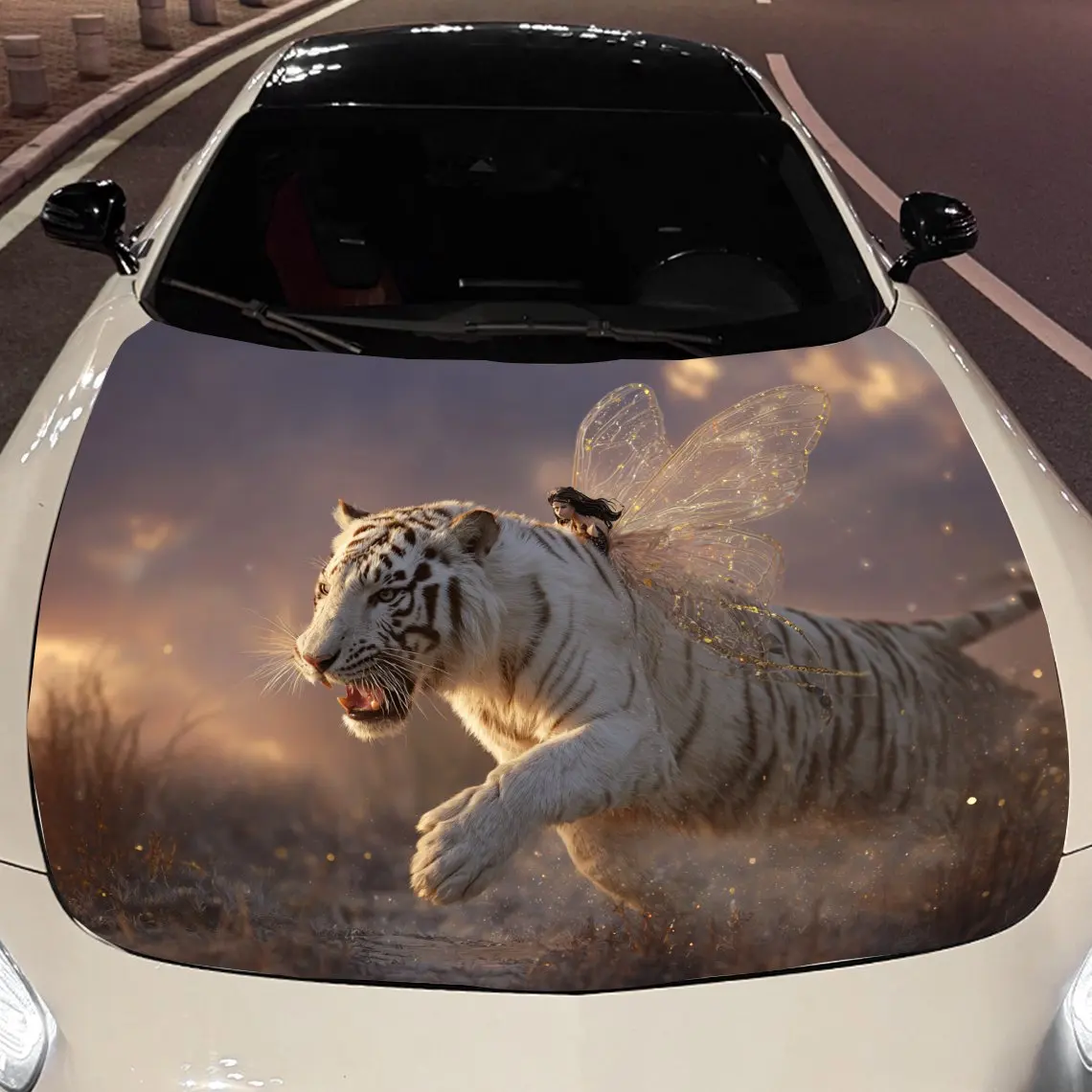 

Наклейка на упаковку на капот автомобиля «Белый тигр и эльф», материал ПВХ, самоклеящаяся водонепроницаемая, противоскользящая краска, наружное украшение автомобиля