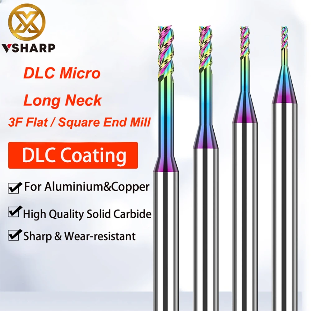 Vsharp Deep Groove Milling Cutter Mini Long Neck End Mill Carbide CNC Tool for Aluminum Copper