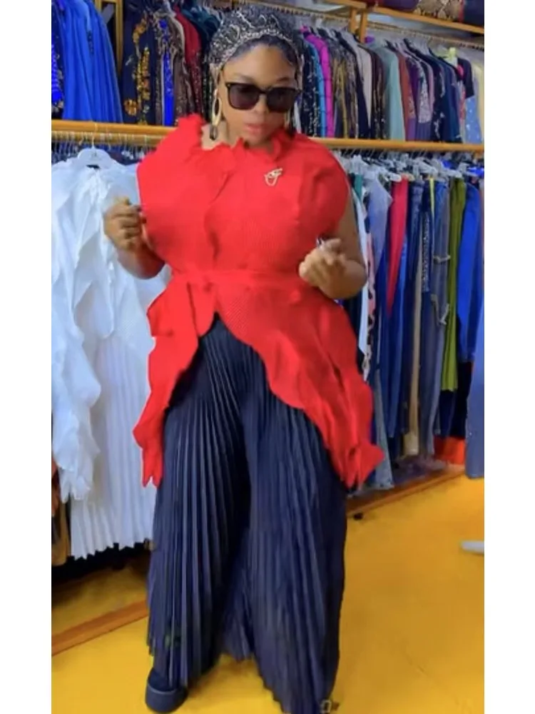 2025 African Miyake Pleated Splicing Set Solid Color One-word Collar Top + Wide-leg Pants Loose Two-piece Set Summer New Women's