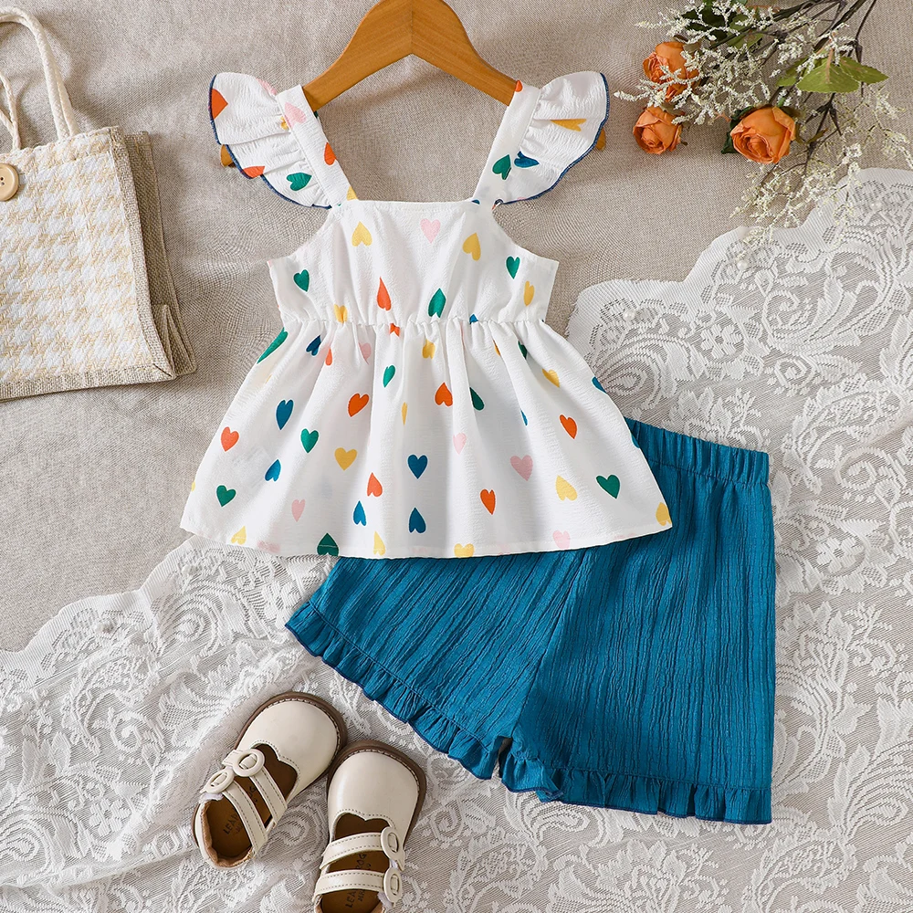Girls' summer two-piece casual set: colorful heart-shaped three-dimensional floral vest + solid-colored shorts