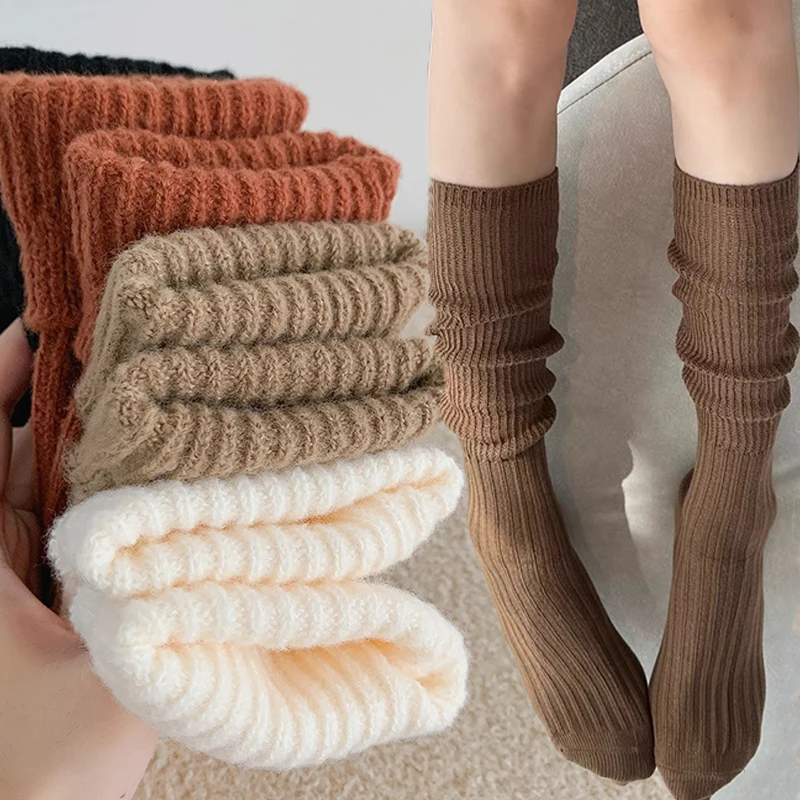 

Soft Wool Long Socks Women Autumn Winter Cashmere Solid Knitted Stocking Skinny Casual Knee High Fluffy Warm Thicken Girls Socks