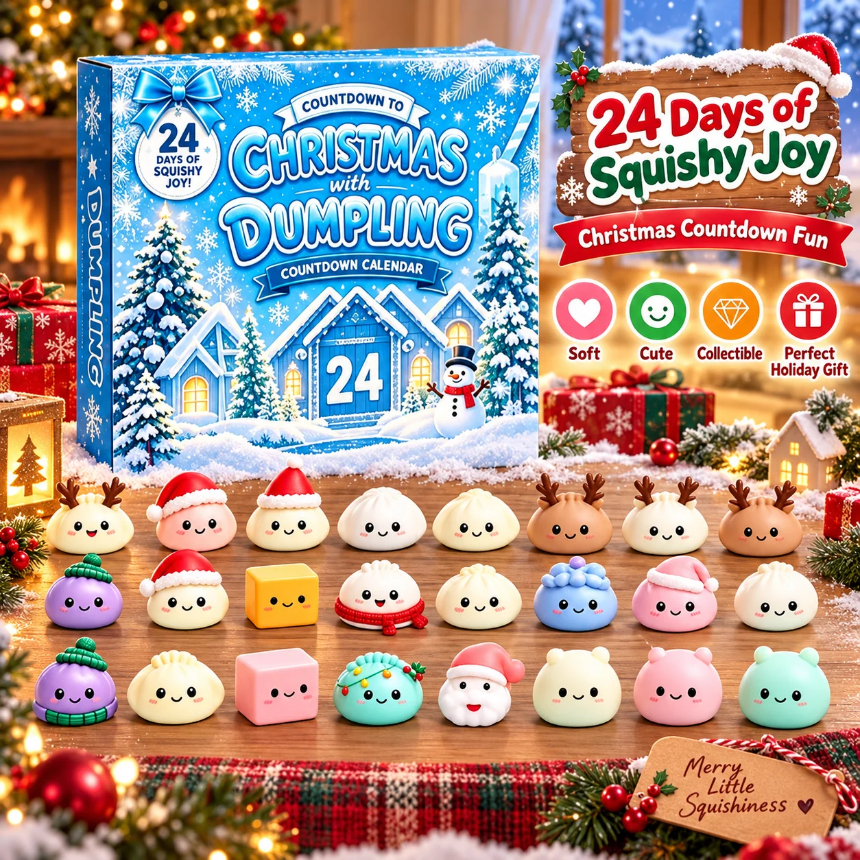 24-teiliger Weihnachts-Adventskalender 2026, Mystery-Dumpling-Squishy-Überraschungsbeutel, DIY-Quetsch-Sensorik-Fidget-Set, Weihnachtsgeschenkset