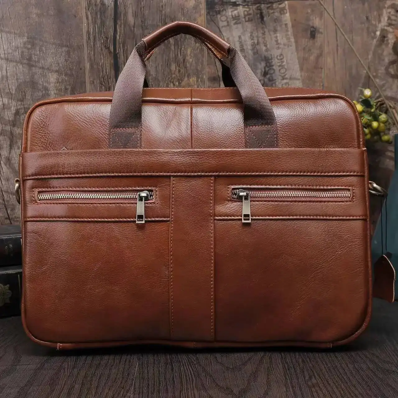 Borsa a mano in vera pelle Strato superiore in pelle bovina Valigetta da lavoro impermeabile Documento per riunioni di grande capacità Borsa per computer da 15 pollici