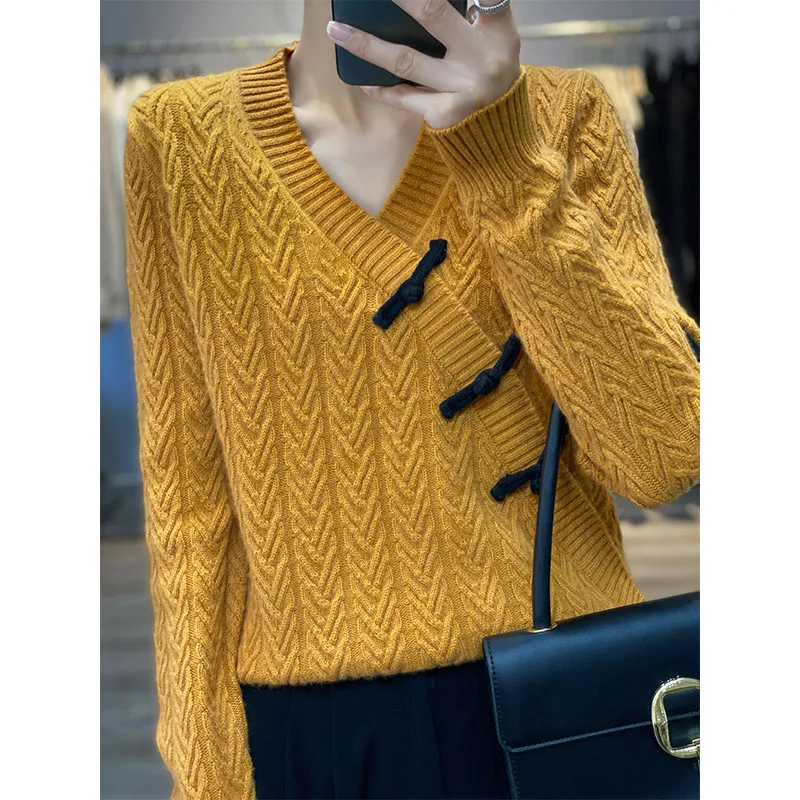 Women's Chinese Style Knitted Long Sleeve Sweaters, 100% Pure Wool Knitwear, Female Jumpers, New Arrival, 2022