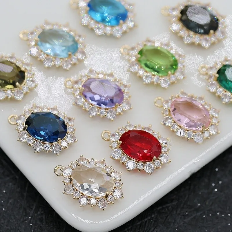 

4pcs 14K gold plated Glass and Zircon Oval Shape Charms Pendants Fashion Jewelry Supplies DIY Necklace Earrings Jewelry Making