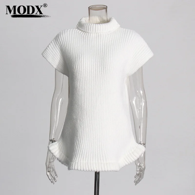 

[modx] Korean Version Fashionable Lazy Style Knitted Sweater 2024 New Semi High Neck Sleeveless Rolled Edge Solid Color Pullover