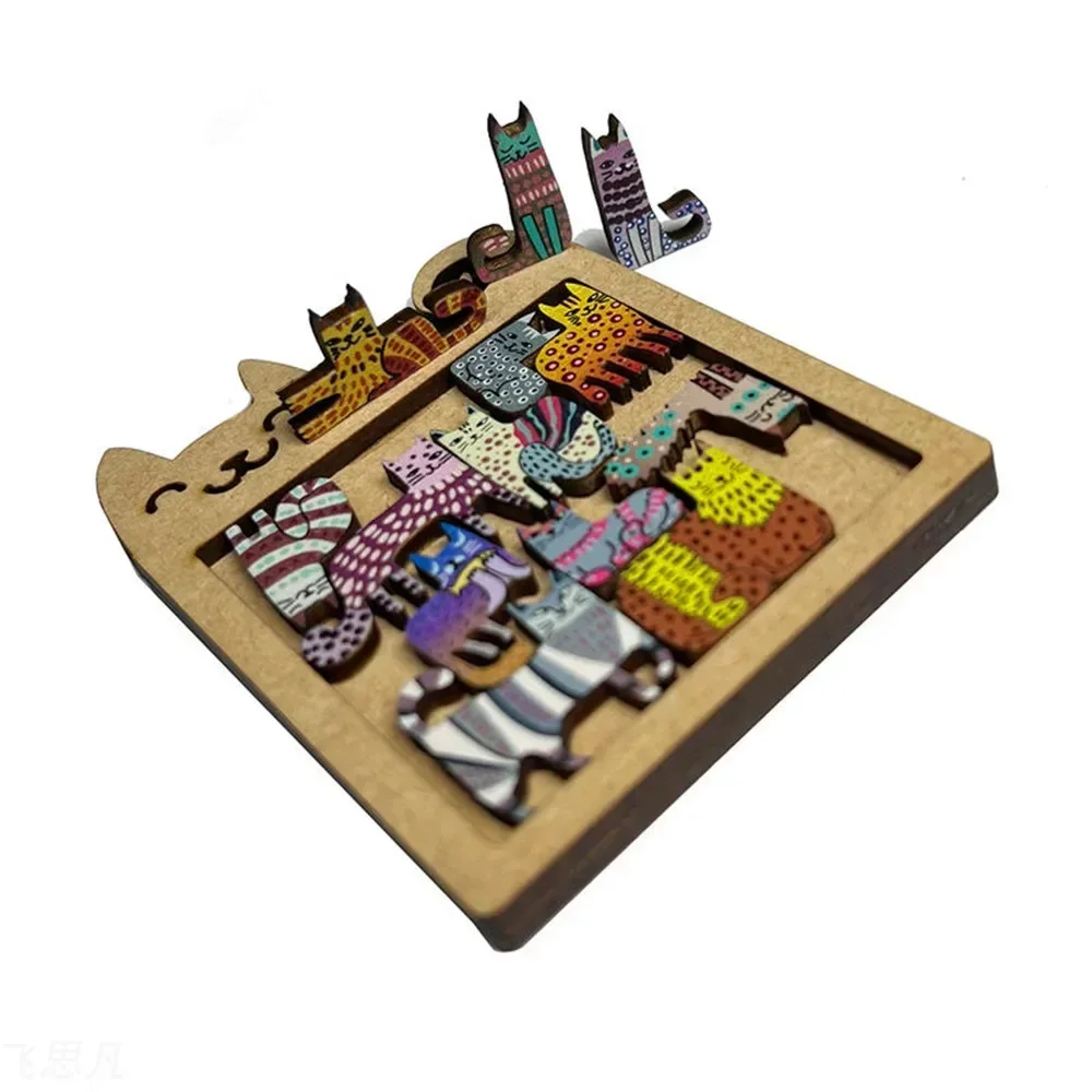 Kids Creative Cat Shape Puzzles Wooden Mini Irregular Shape Cat Animal Puzzles Table Games Montessori Thinking Education Toys