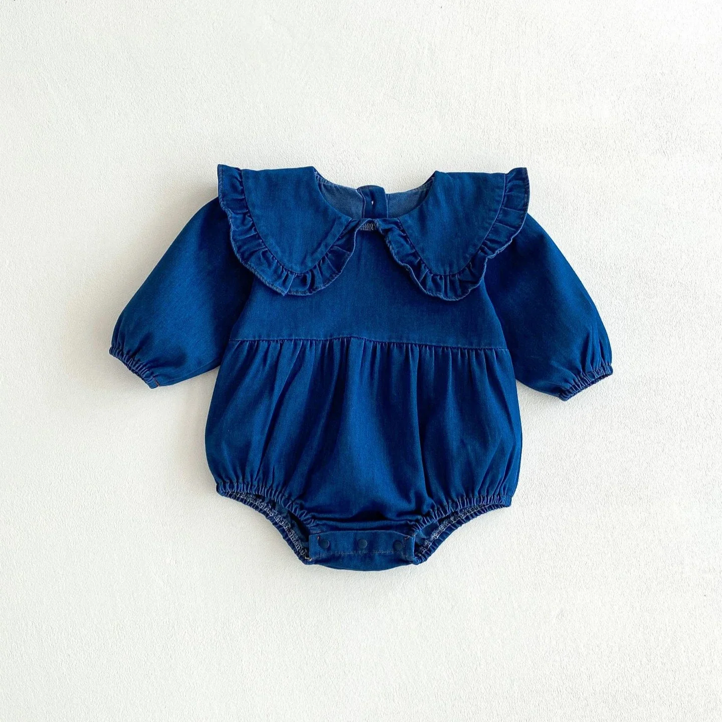 2025 Spring New in Infant Newborn Girls Solid Color Denim Peter Pan Collar Outfits , Toddler Kids Jumpsuits Baby Cute Bodysuits