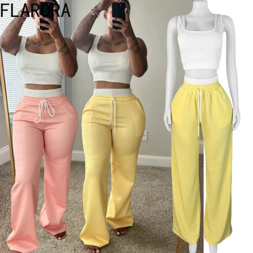 

FLARORA Fashion Patchwork 2 Pcs Sets Woman Sleeveless Tank Tops And Double Waist Design Pants Outfits Female Street Tracksuits