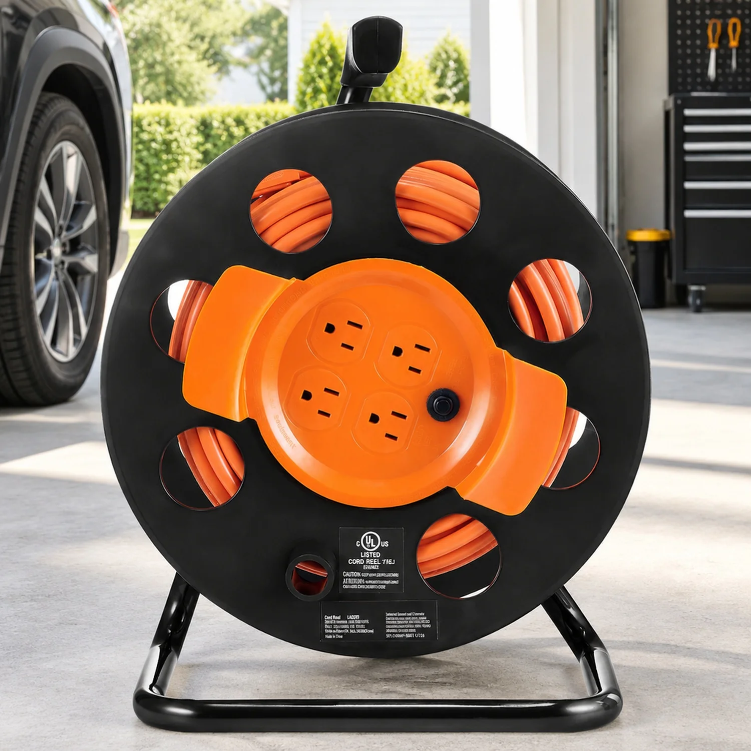 Extension Cord Reel, 100FT, with 4 Outlets and Dust Cover, Heavy Duty 14AWG SJTOW Power, Manual Portable Handle Circuit Breaker
