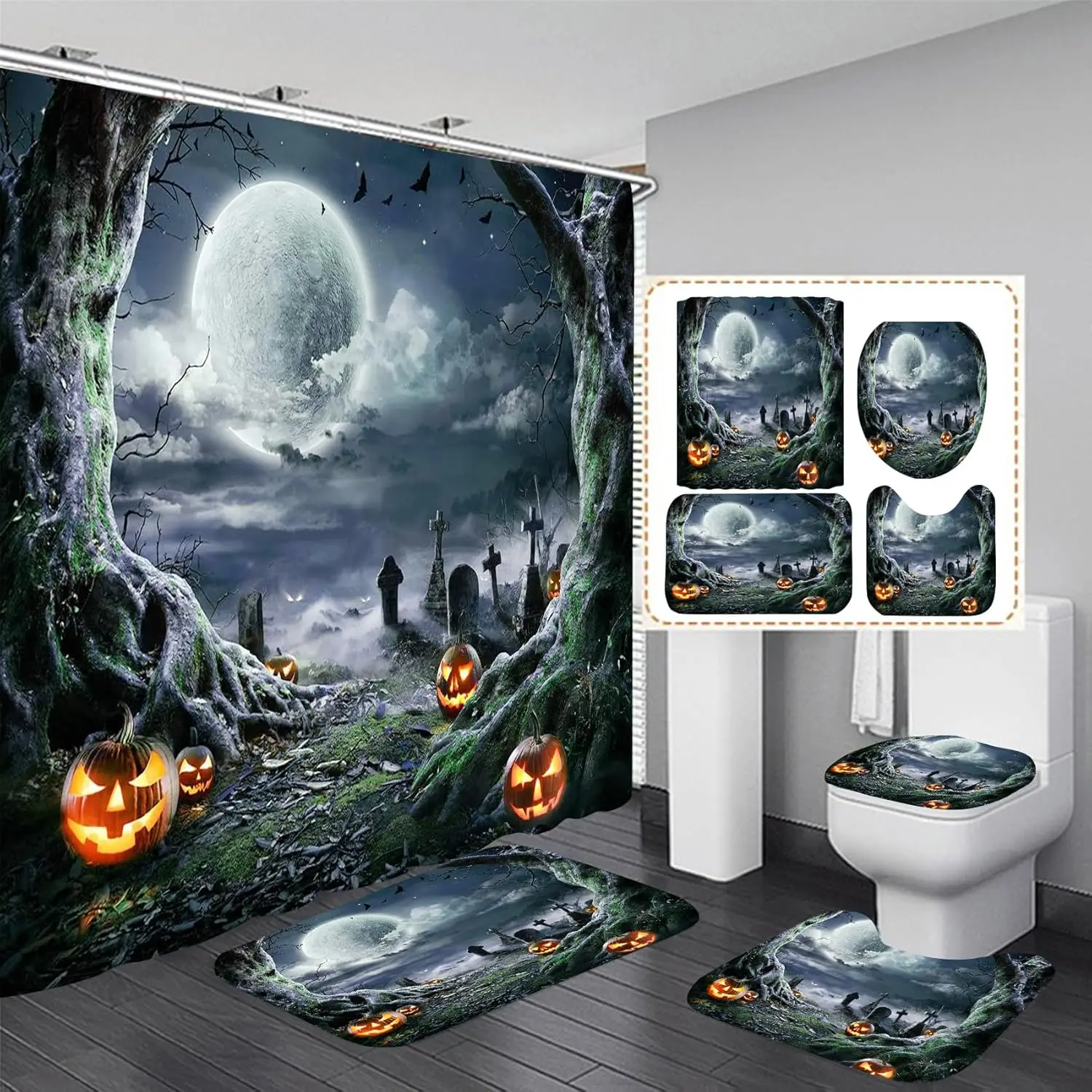 

4PCS Halloween Shower Curtain Set with Non-Slip Rug, Toilet Lid Cover and Bath Mat, Moon Night Forest Pumpkin Shower Curtain