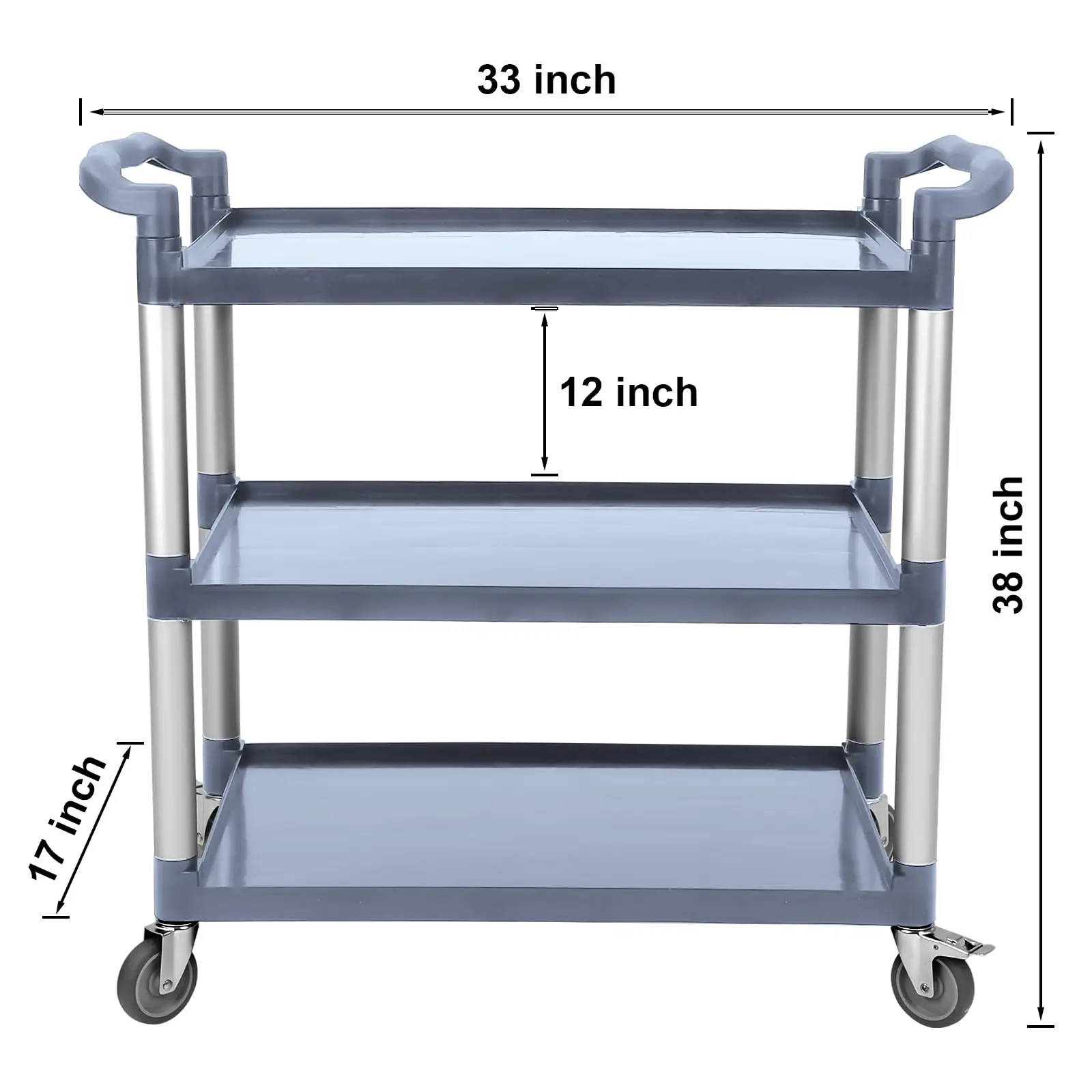 Service Cart Heavy Duty 3-Shelf Rolling Utility Push Cart With Lockable Wheels, 360 Lbs. Capacity For Foodservice