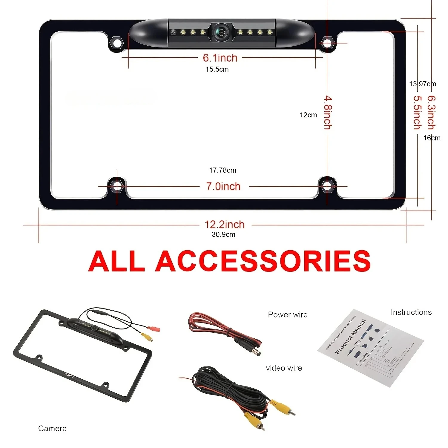 QueenDer US License Plate Frame LED Night Vision Backup Camera - Rear View Safety for Cars/SUVs/Trucks/Vans/RVs/Trailers
