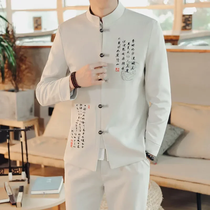 2 Piece Suits / Fashion Style Men\'s Casual Boutique Stand Collar Chinese Linen Suit Jacket Trousers