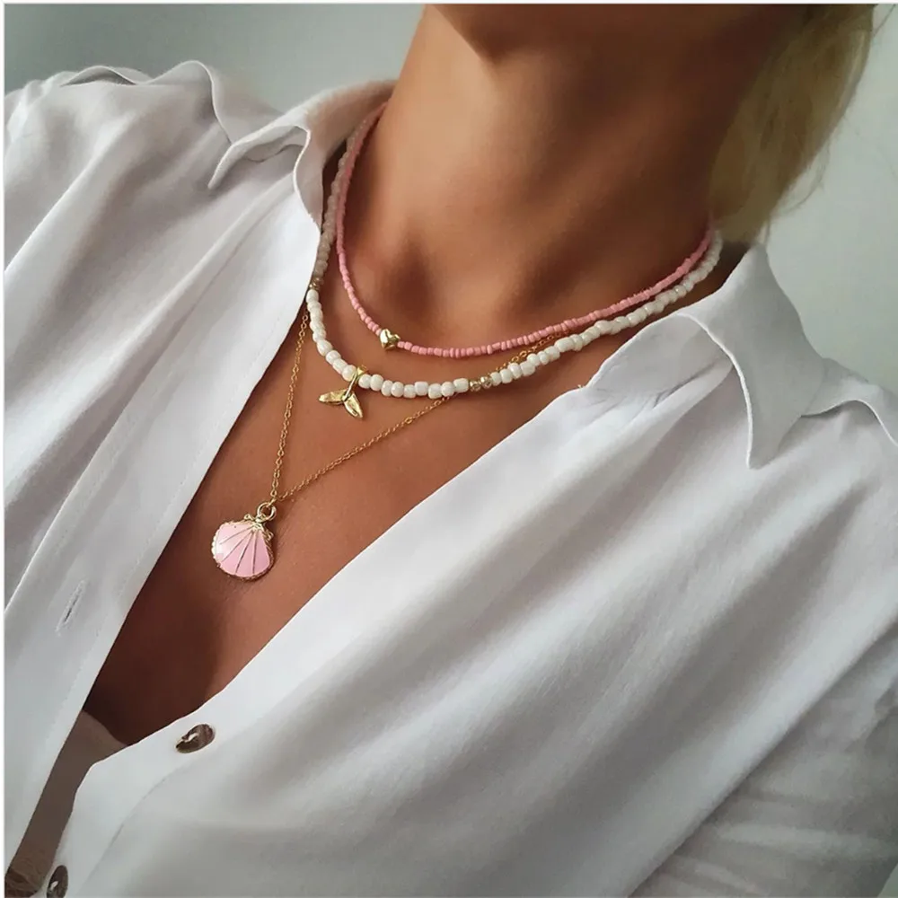 Vintage Blue White Bead Chain Eye Starfish Head Coin Pendant Necklace For Women Boho Fashion Ethnic Multilayer Baroque Jewelry