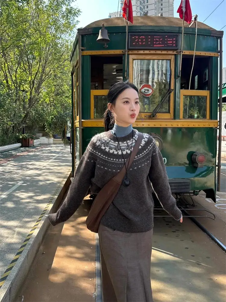 

Soft Cozy Knitted Sweater Fair Isle round Ne Pullover Retro Sle Women's Winter Faion Top Quali Material Long Sve