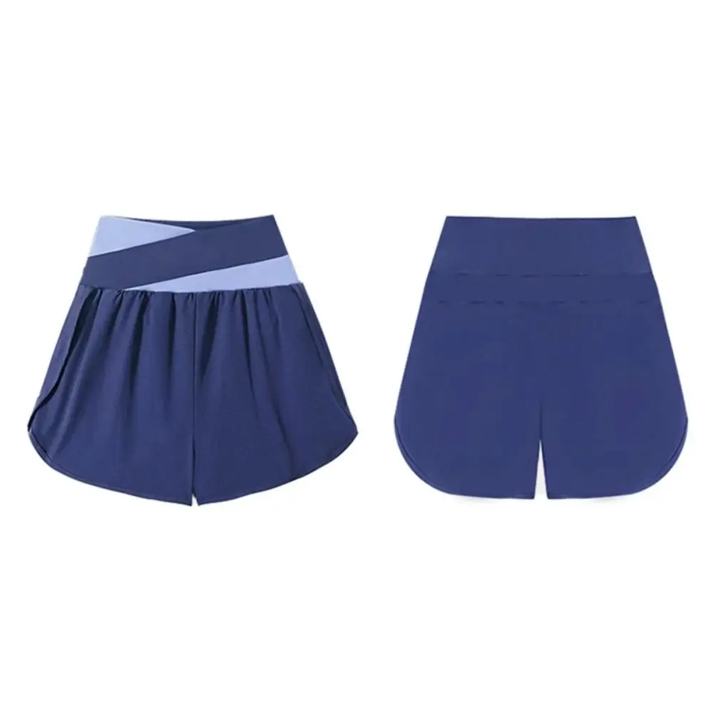 

Breathable Women Sports Shorts Colorblocked 2 In 1 Inner Liner Yoga Skirt Shorts Pleated Elastic Waistband Running Shorts