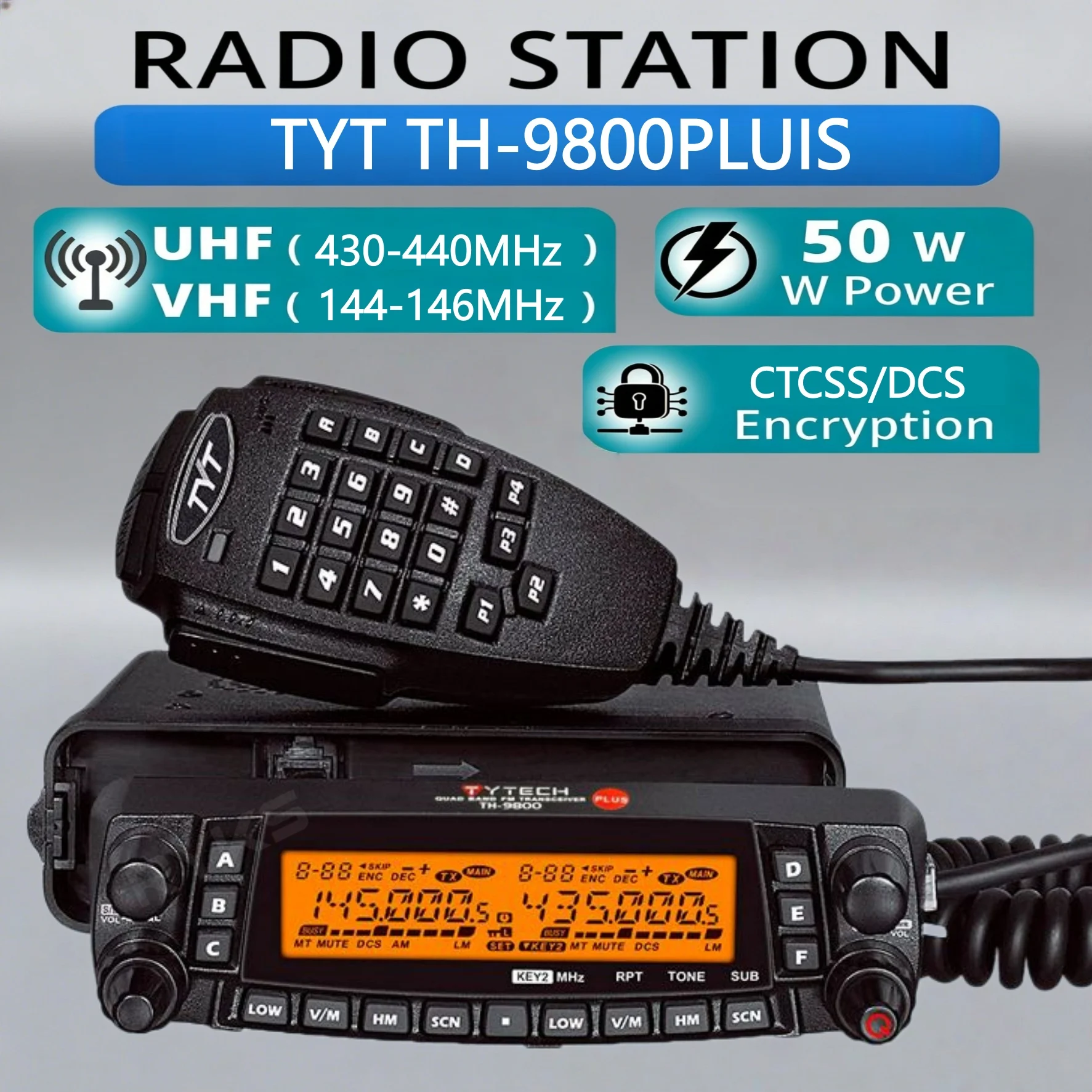 Radio Móvil de Banda Cuádruple de 50W con Certificación CE/FCC, Tyt Th-9800: Pantalla Dual Completa, Recepción Simultánea V/U, 809 Canales de Memoria